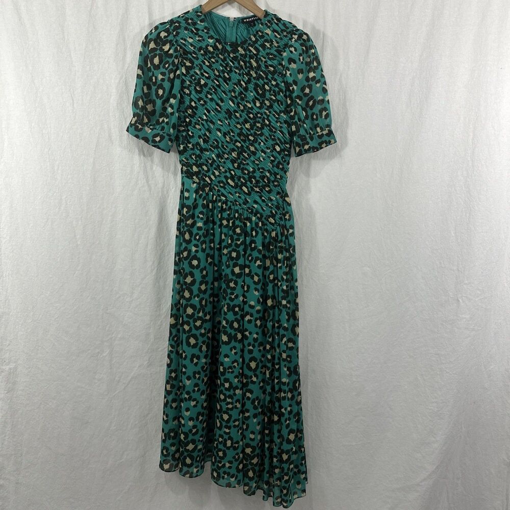 Whistles Painted Leopard Shirred Green Puff Sleeve Midi Dress Womens Sz 4